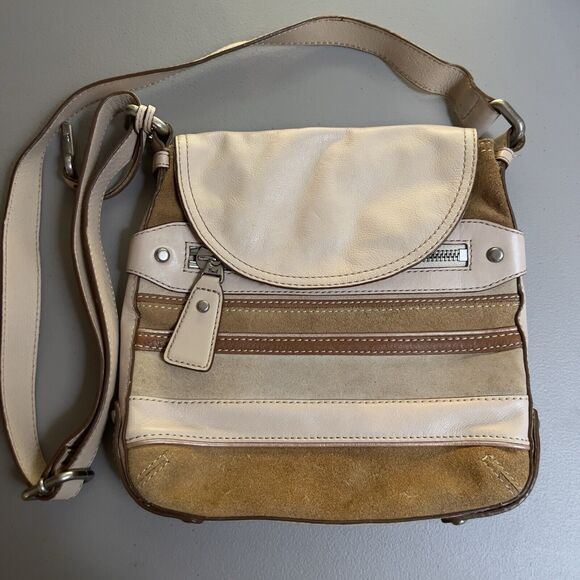 Vtg Fossil Crossbody Purse Suede Leather Stripe Brown Multi‎ Tone Hang Key - Picture 1 of 12